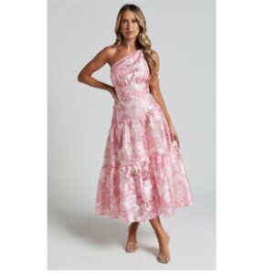 NWT Showpo. Lettie Midi Dress One Shoulder Tiered Blurred Rose Women's 10 Medium